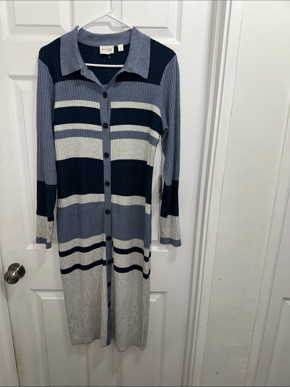 Devotion by Cyrus Striped Ribbed Midi Dress in Navy, Light Blue & Cream